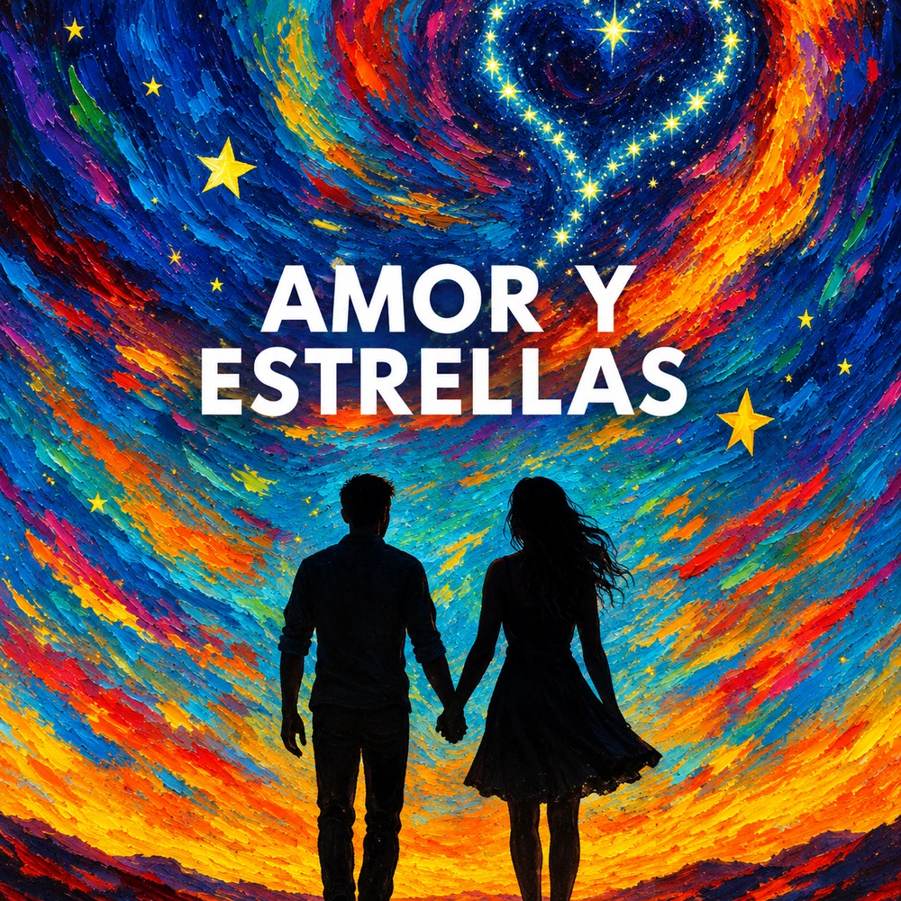 Ilustración de Amor y Estrellas con una pareja bajo un cielo estrellado.