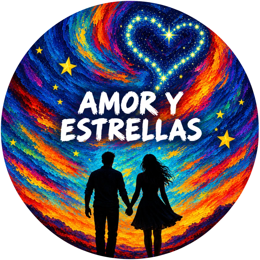 Amor y Estrellas: una pareja de la mano bajo un cielo multicolor lleno de estrellas.